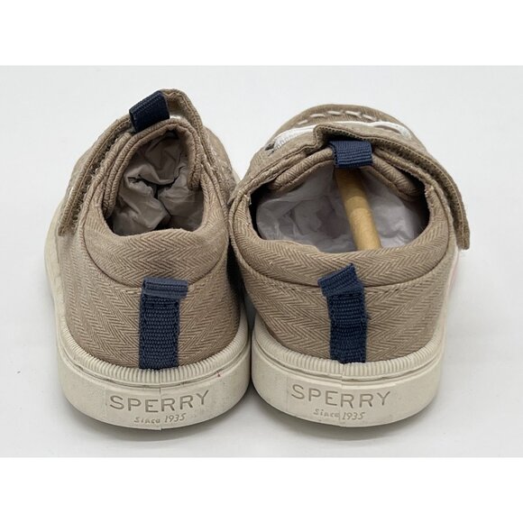 Sperry Toddler Size 7 Herringbone Boat Shoes Beige & Navy Hook & Loop - Picture 4 of 9
